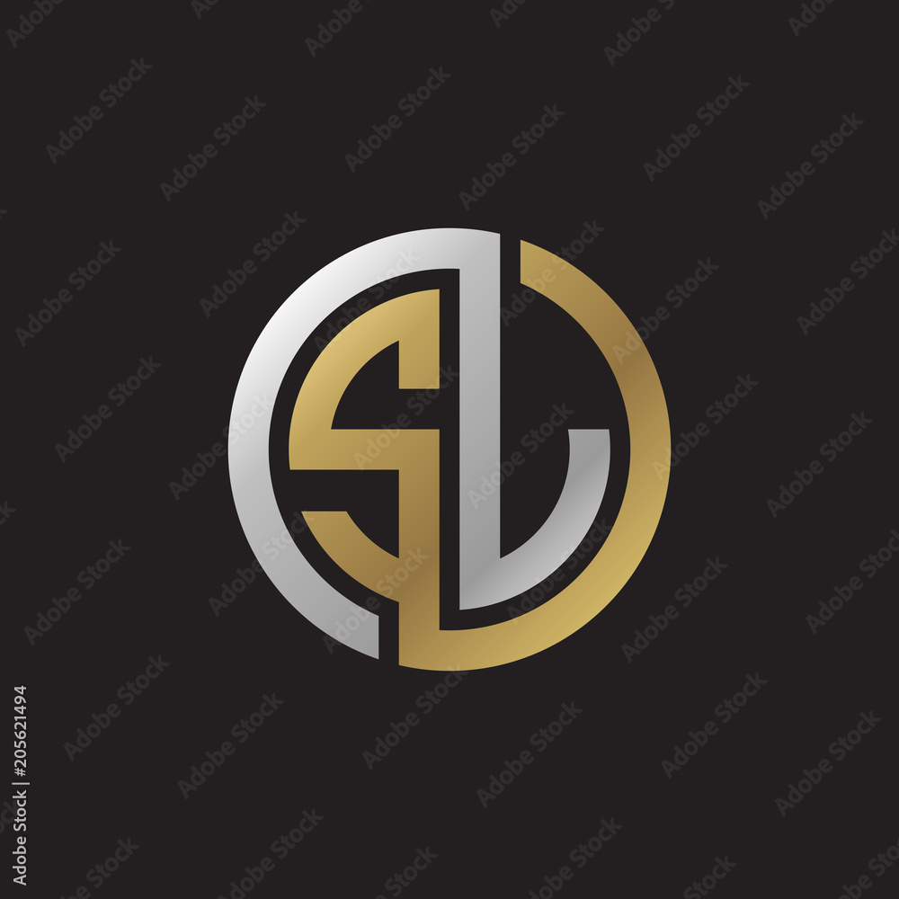 Initial letter SJ, SL, looping line, circle shape logo, silver gold color on black background Initial letter SJ, SL, looping line, circle shape logo, silver gold color on black background