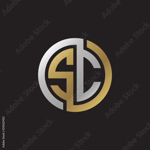 Initial letter SC, looping line, circle shape logo, silver gold color on black background
