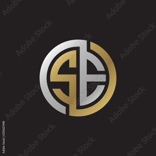 Initial letter SE, looping line, circle shape logo, silver gold color on black background