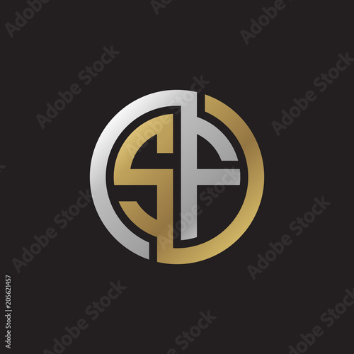 Initial letter SF, looping line, circle shape logo, silver gold color on black background