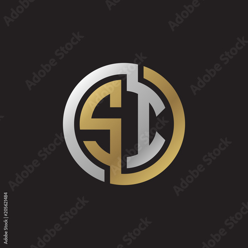Initial letter SI, looping line, circle shape logo, silver gold color on black background