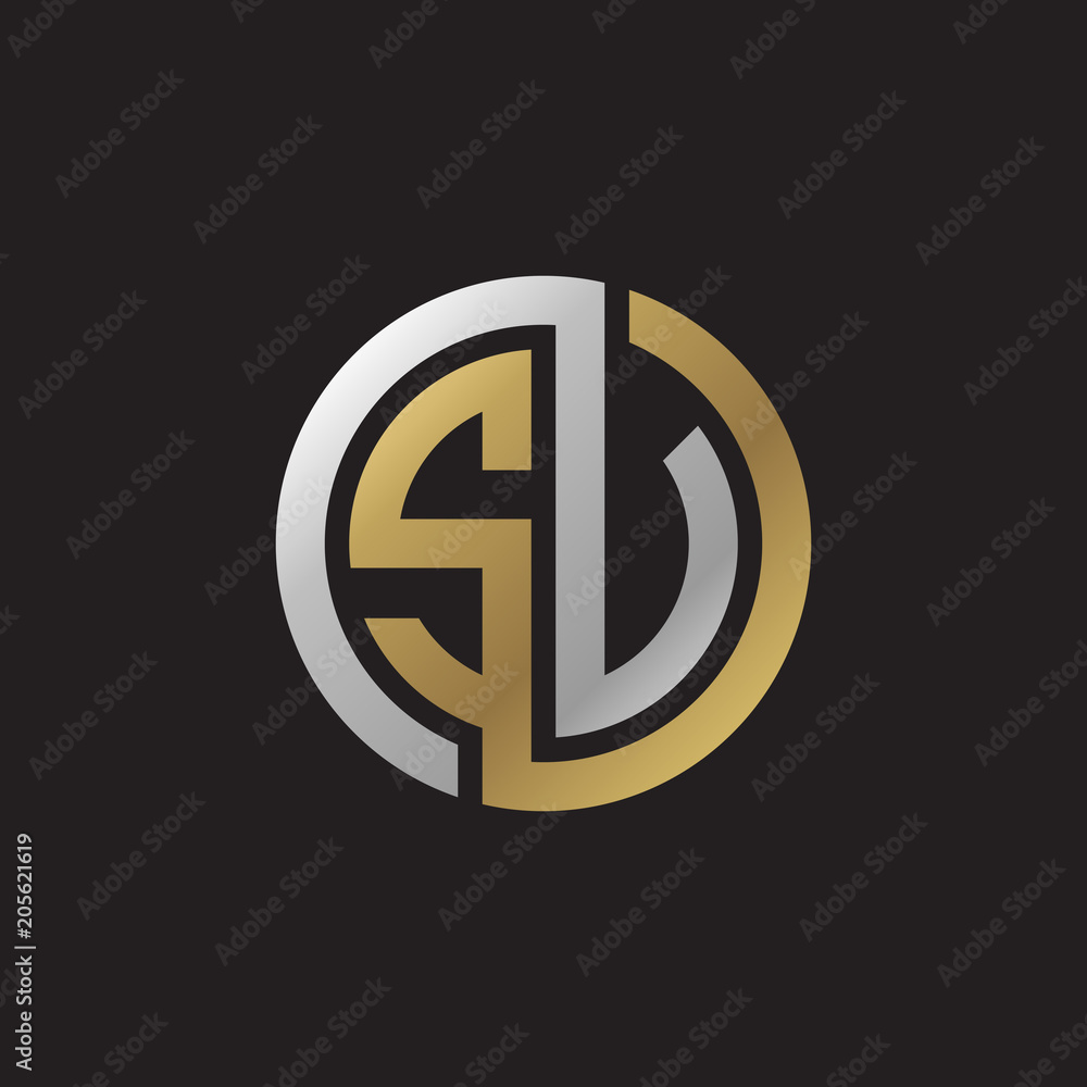 Initial letter SV, SU, looping line, circle shape logo, silver gold color on black background Initial letter SV, SU, looping line, circle shape logo, silver gold color on black background