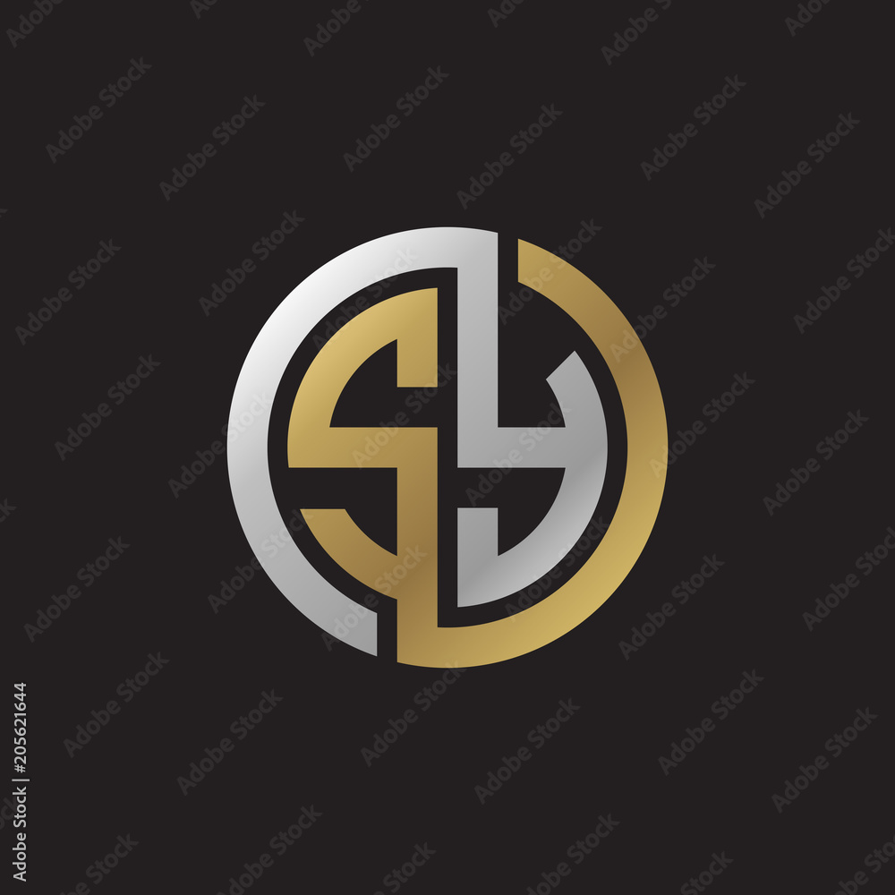 Initial letter SY, looping line, circle shape logo, silver gold color on black background Initial letter SY, looping line, circle shape logo, silver gold color on black background