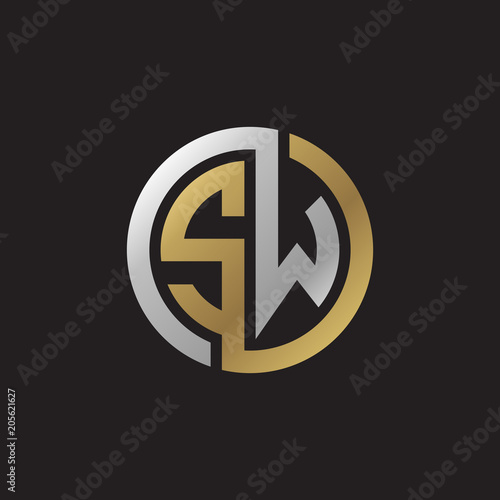 Initial letter SW, looping line, circle shape logo, silver gold color on black background