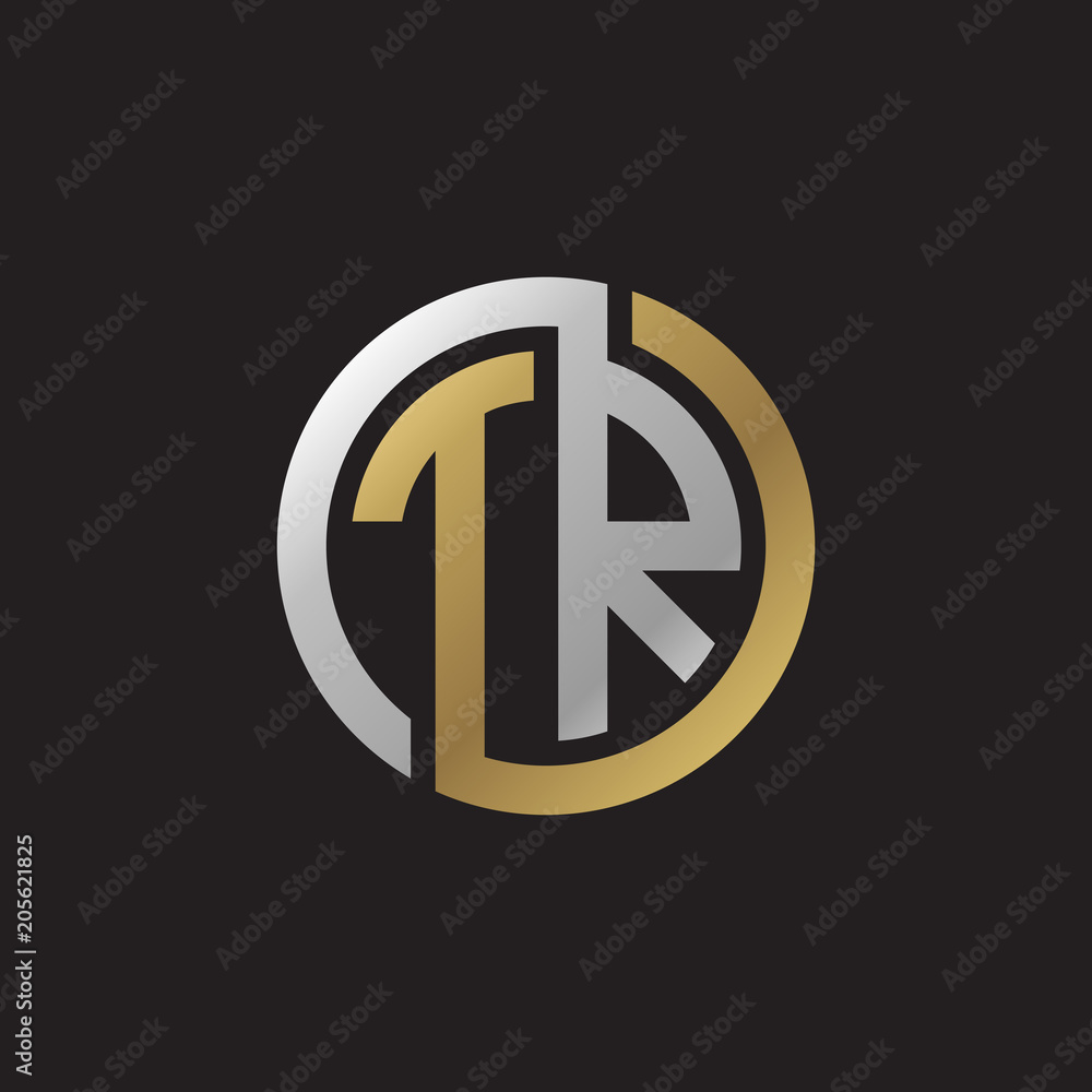 Initial letter TR, looping line, circle shape logo, silver gold color on black background Initial letter TR, looping line, circle shape logo, silver gold color on black background