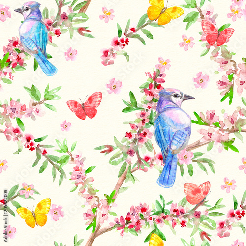 romantic flower seamless texture with cute birds. watercolor painting