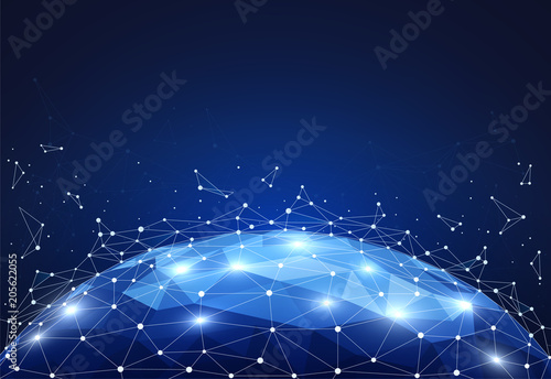 Block global network connections with points and lines on world map. Wireframe of network communications.