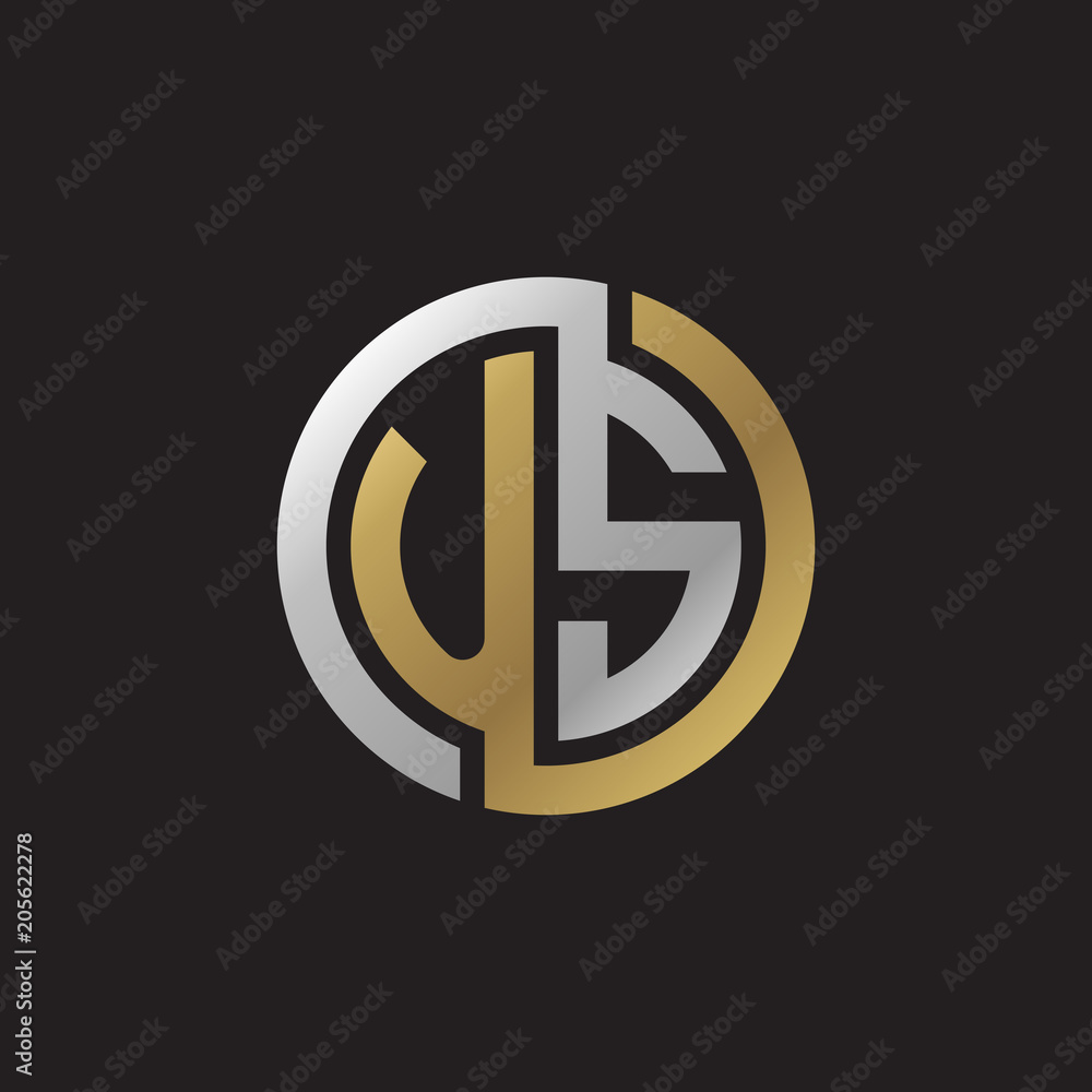 Initial letter US, looping line, circle shape logo, silver gold color on black background Initial letter US, looping line, circle shape logo, silver gold color on black background