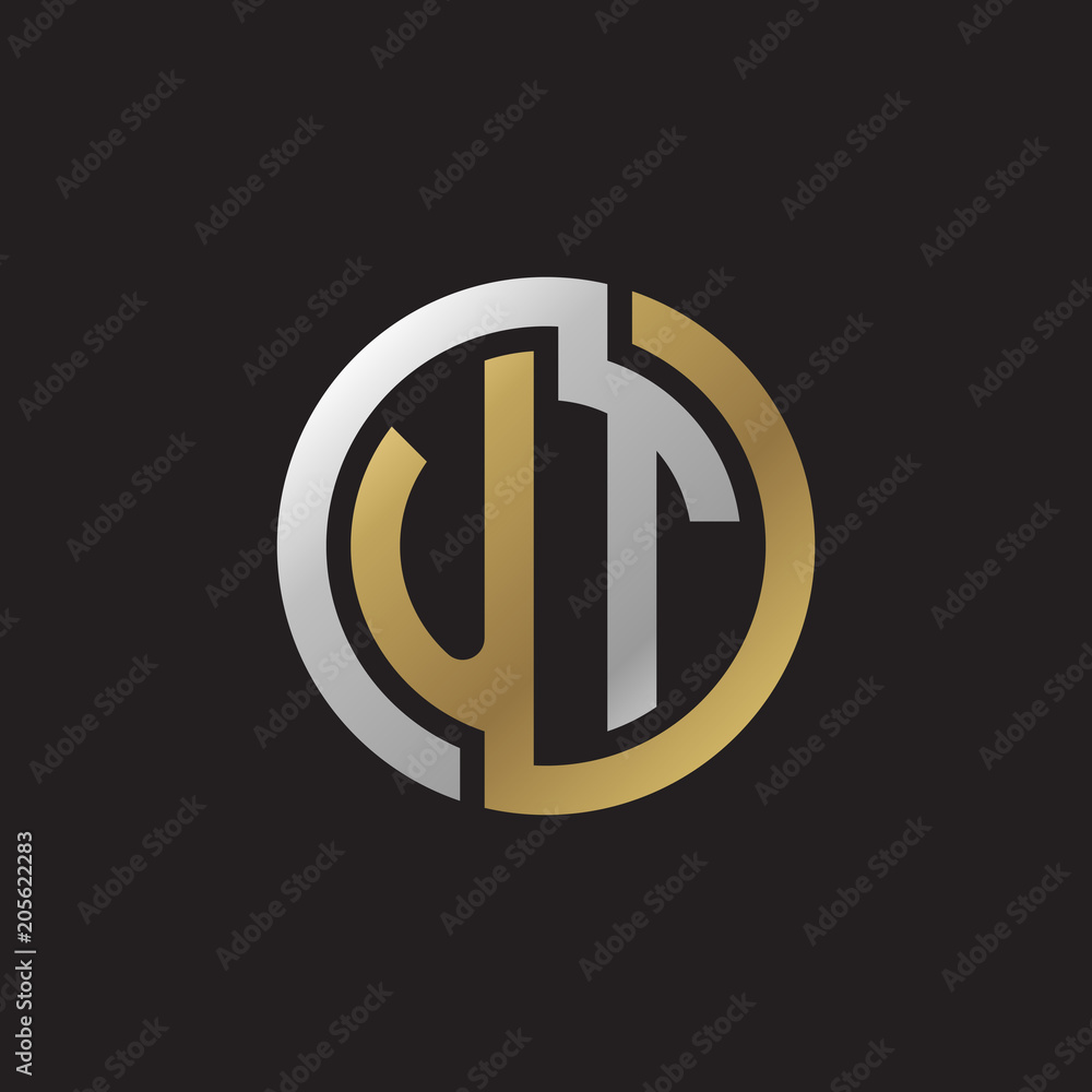 Initial letter UT, looping line, circle shape logo, silver gold color on black background Initial letter UT, looping line, circle shape logo, silver gold color on black background
