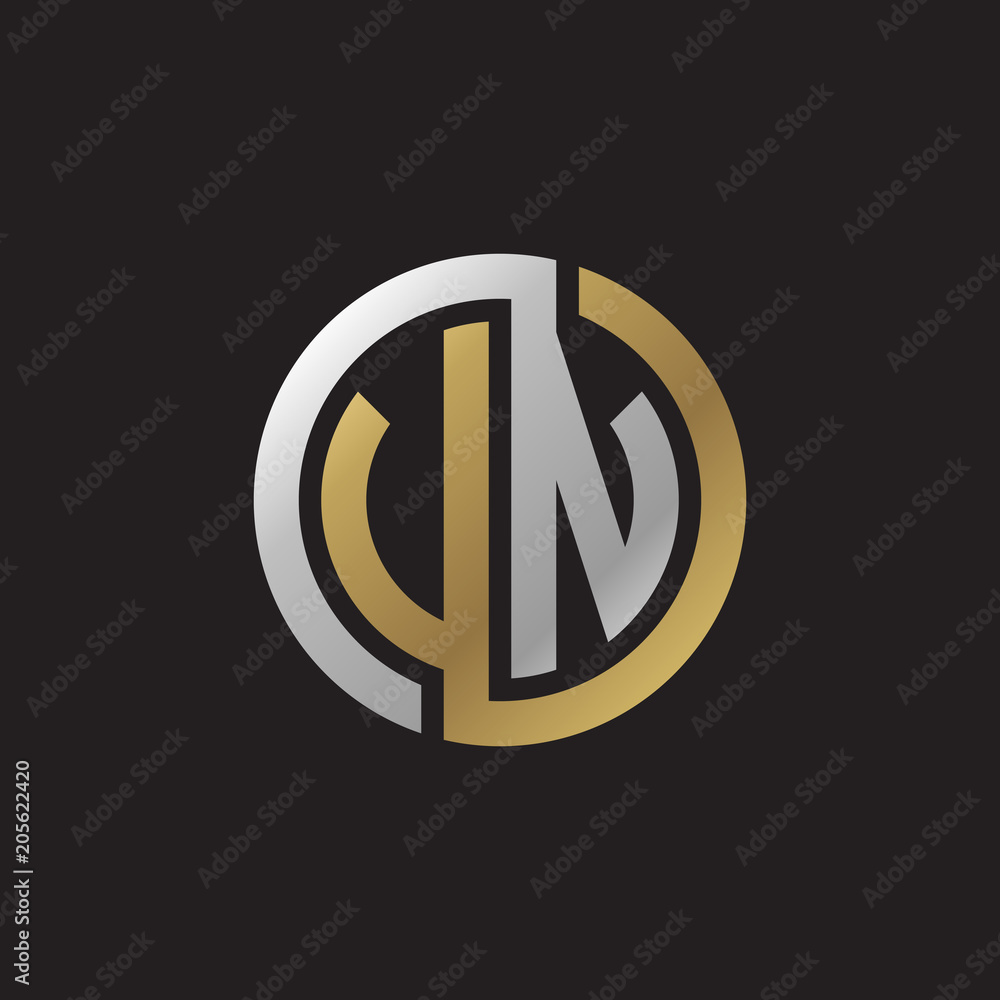 Initial letter VN, UN, looping line, circle shape logo, silver gold color on black background Initial letter VN, UN, looping line, circle shape logo, silver gold color on black background