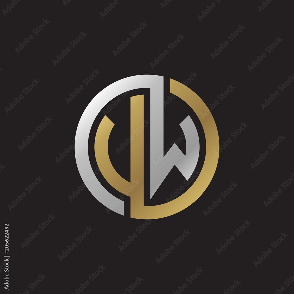 Initial letter VW, UW, looping line, circle shape logo, silver gold color on black background Initial letter VW, UW, looping line, circle shape logo, silver gold color on black background