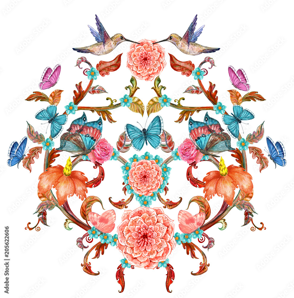 Naklejka premium fancy floral vignette with butterflies and couple of hummingbirds. watercolor painting.