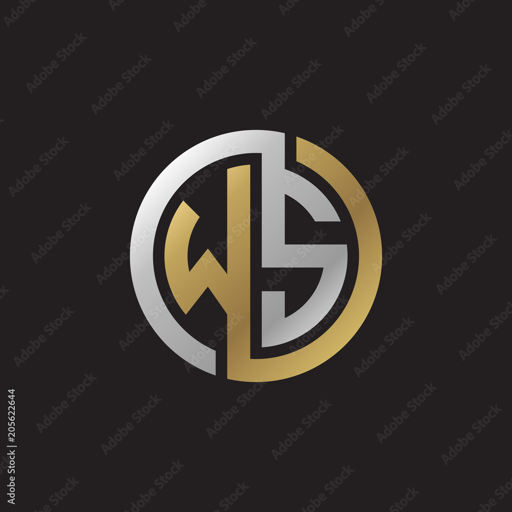 Initial letter WS, looping line, circle shape logo, silver gold color on black background Initial letter WS, looping line, circle shape logo, silver gold color on black background