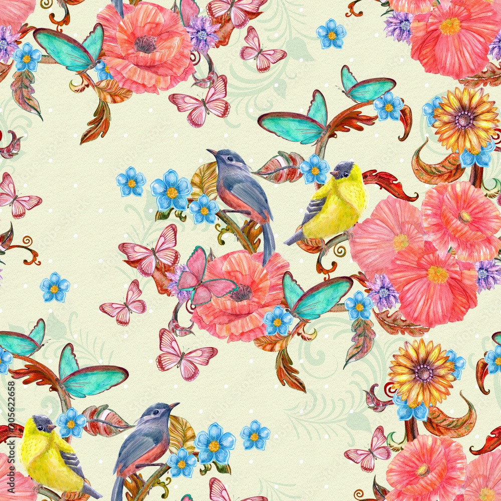 seamless texture with fancy flora and birds. watercolor painting