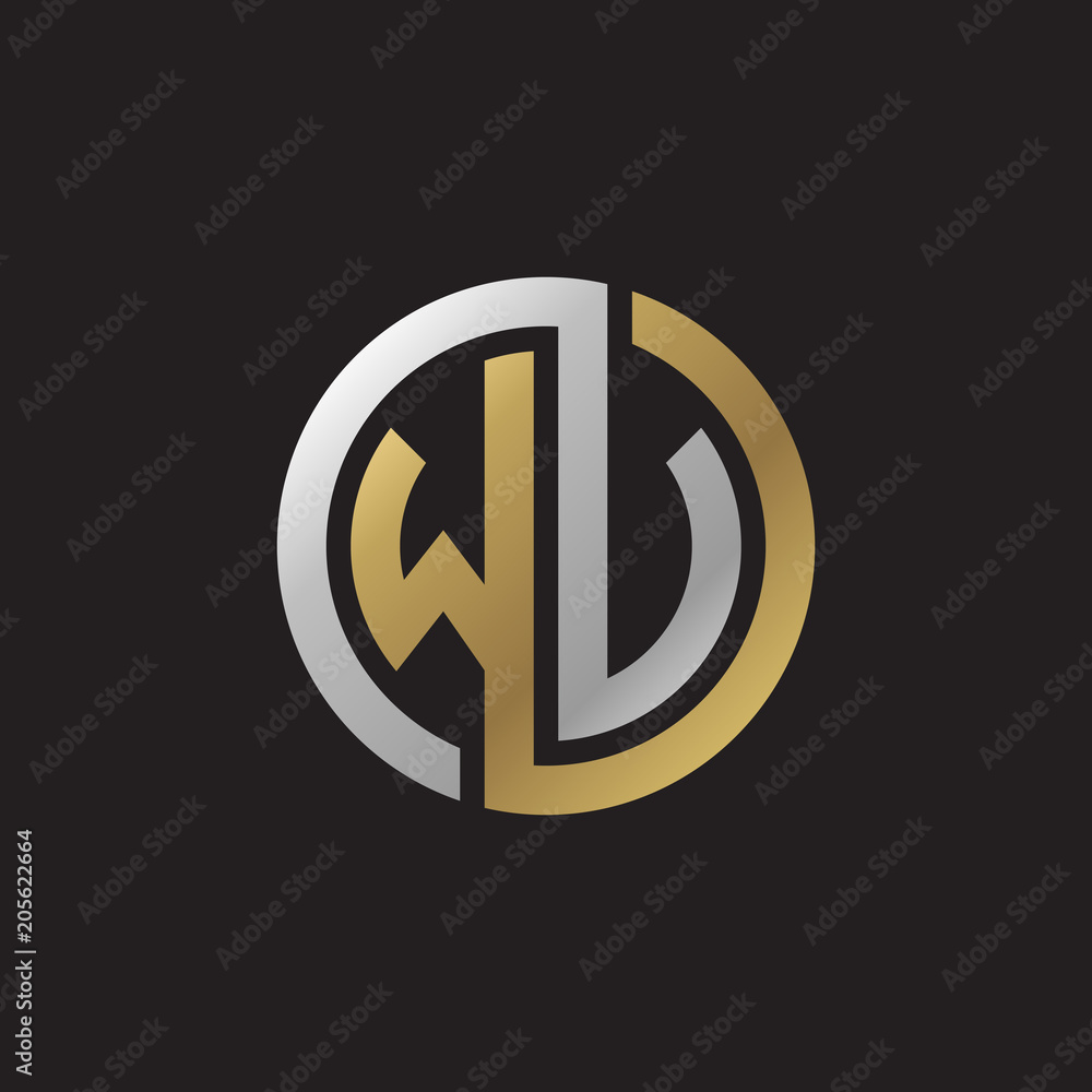 Initial letter WV, WU, looping line, circle shape logo, silver gold color on black background Initial letter WV, WU, looping line, circle shape logo, silver gold color on black background