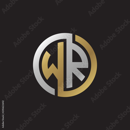 Initial letter WR, looping line, circle shape logo, silver gold color on black background