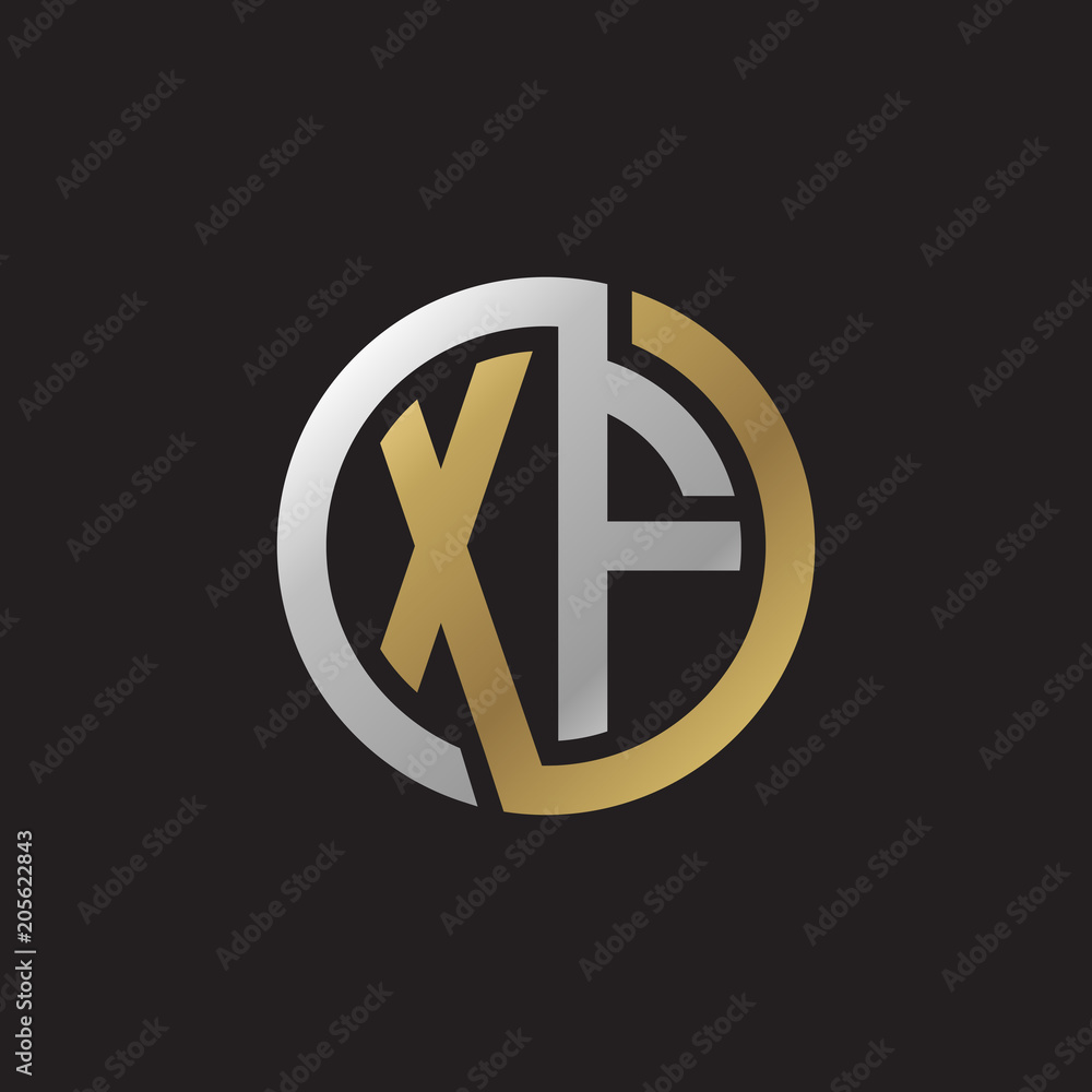Initial letter XF, looping line, circle shape logo, silver gold color on black background Initial letter XF, looping line, circle shape logo, silver gold color on black background