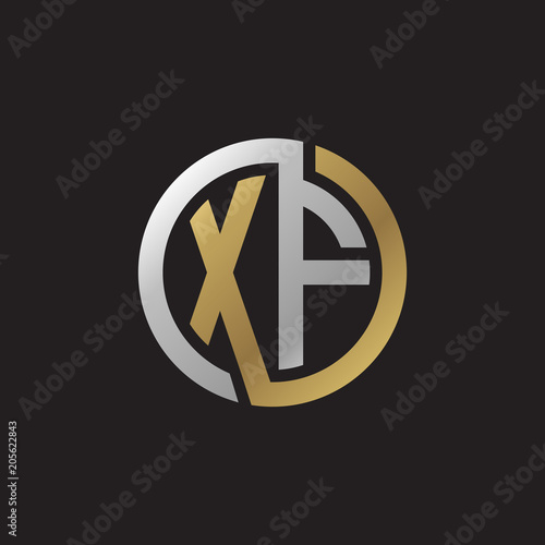 Initial letter XF, looping line, circle shape logo, silver gold color on black background