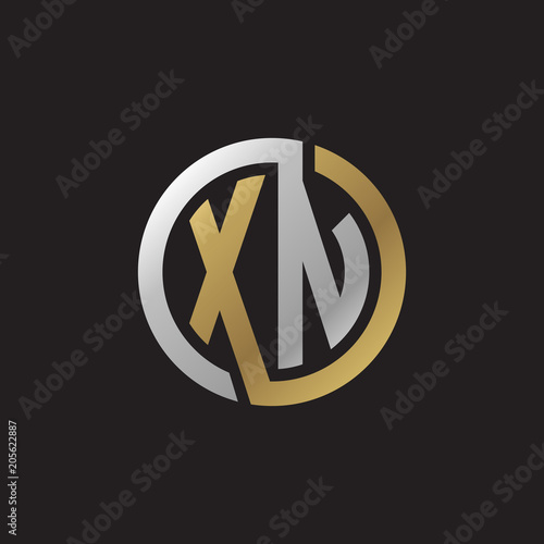 Initial letter XN, looping line, circle shape logo, silver gold color on black background