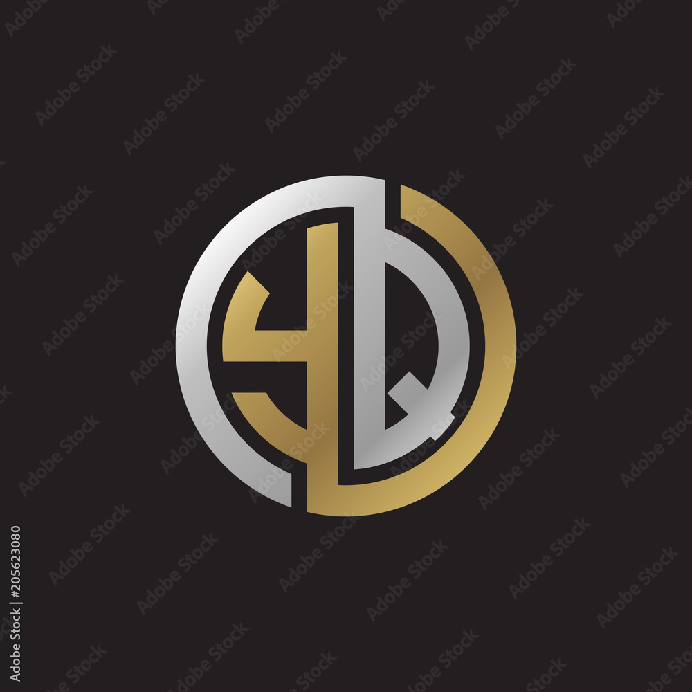 Initial letter YQ, looping line, circle shape logo, silver gold color on black background Initial letter YQ, looping line, circle shape logo, silver gold color on black background