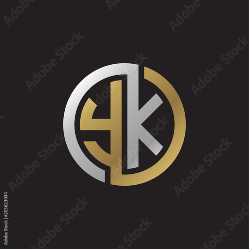 Initial letter YK, looping line, circle shape logo, silver gold color on black background