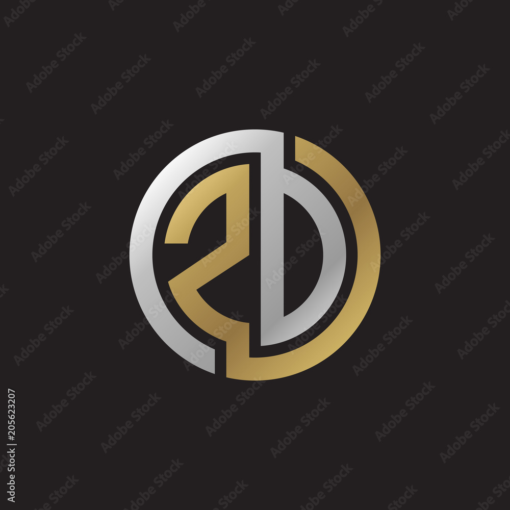 Initial letter ZD, ZO, looping line, circle shape logo, silver gold color on black background Initial letter ZD, ZO, looping line, circle shape logo, silver gold color on black background
