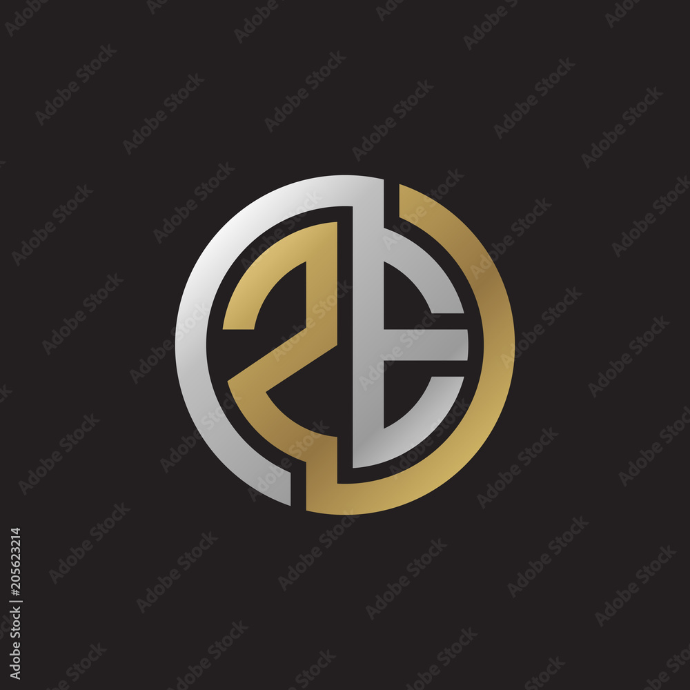 Initial letter ZE, looping line, circle shape logo, silver gold color on black background Initial letter ZE, looping line, circle shape logo, silver gold color on black background