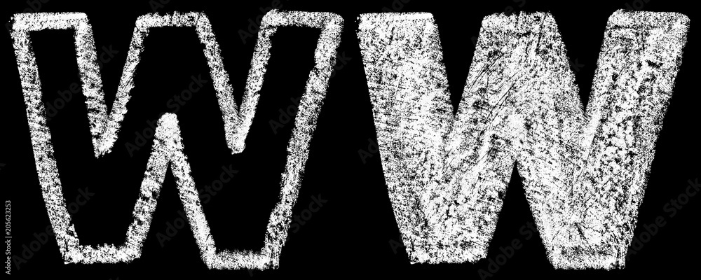 handwritten white chalk english letters W isolated on black background, hand-drawn chalk lettering, stock illustration