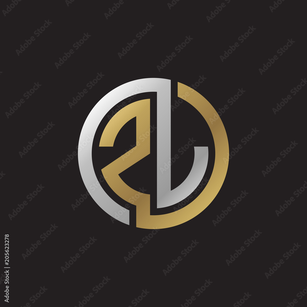 Initial letter ZJ, ZL, looping line, circle shape logo, silver gold color on black background Initial letter ZJ, ZL, looping line, circle shape logo, silver gold color on black background