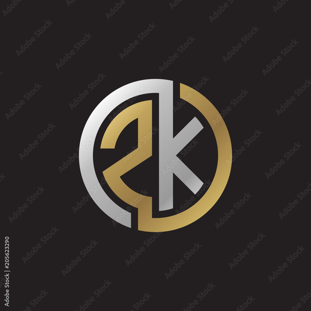 Initial letter ZK, looping line, circle shape logo, silver gold color on black background Initial letter ZK, looping line, circle shape logo, silver gold color on black background