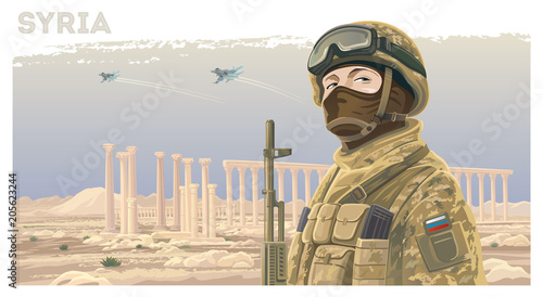 Russian special forces soldier and kalashnikov against the background of the Syrian landscape with ruined ancient ruins and flying planes in the sky.