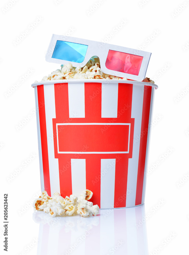 Fototapeta premium Large bucket of appetizing salty popcorn with 3d anaglyph glasses