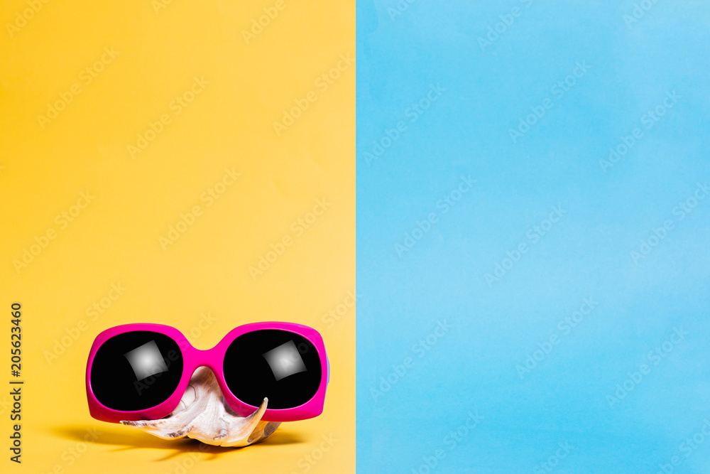 Sunglasses and seashell. Summer is coming concept. Minimal style, minimalist photography. Side view of seashell on colorful paper backdrop. Yellow, pink and blue pastel colors. Sunglasses and seashell. Summer is coming concept. Minimal style, minimalist photography. Side view of seashell on colorful paper backdrop. Yellow, pink and blue pastel colors.