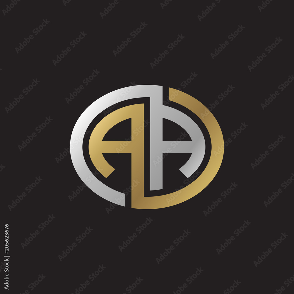 Initial letter AA, looping line, ellipse shape logo, silver gold color on black background Initial letter AA, looping line, ellipse shape logo, silver gold color on black background
