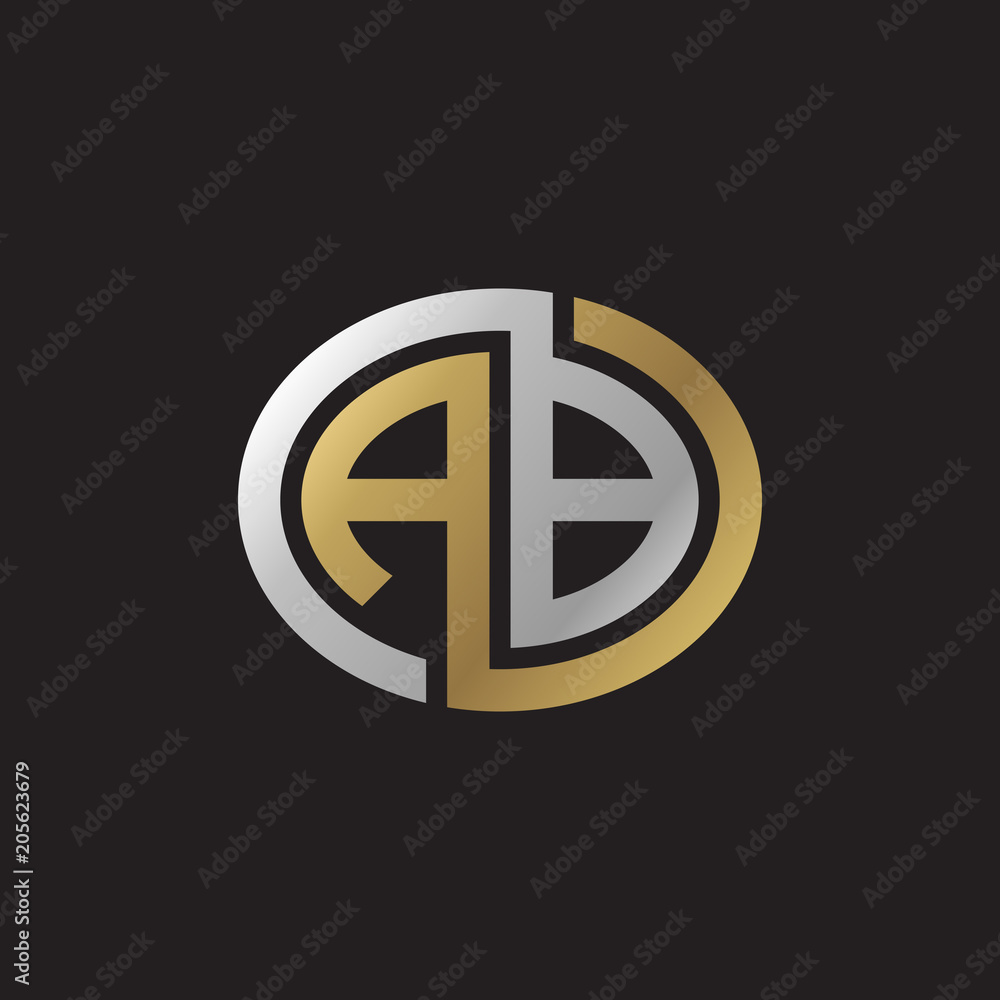 Initial letter AB, looping line, ellipse shape logo, silver gold color on black background Initial letter AB, looping line, ellipse shape logo, silver gold color on black background