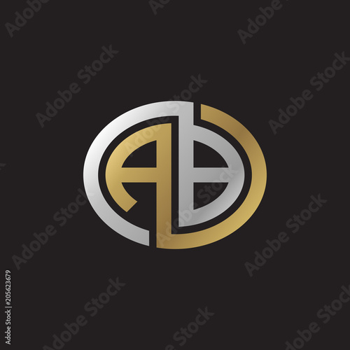 Initial letter AB, looping line, ellipse shape logo, silver gold color on black background