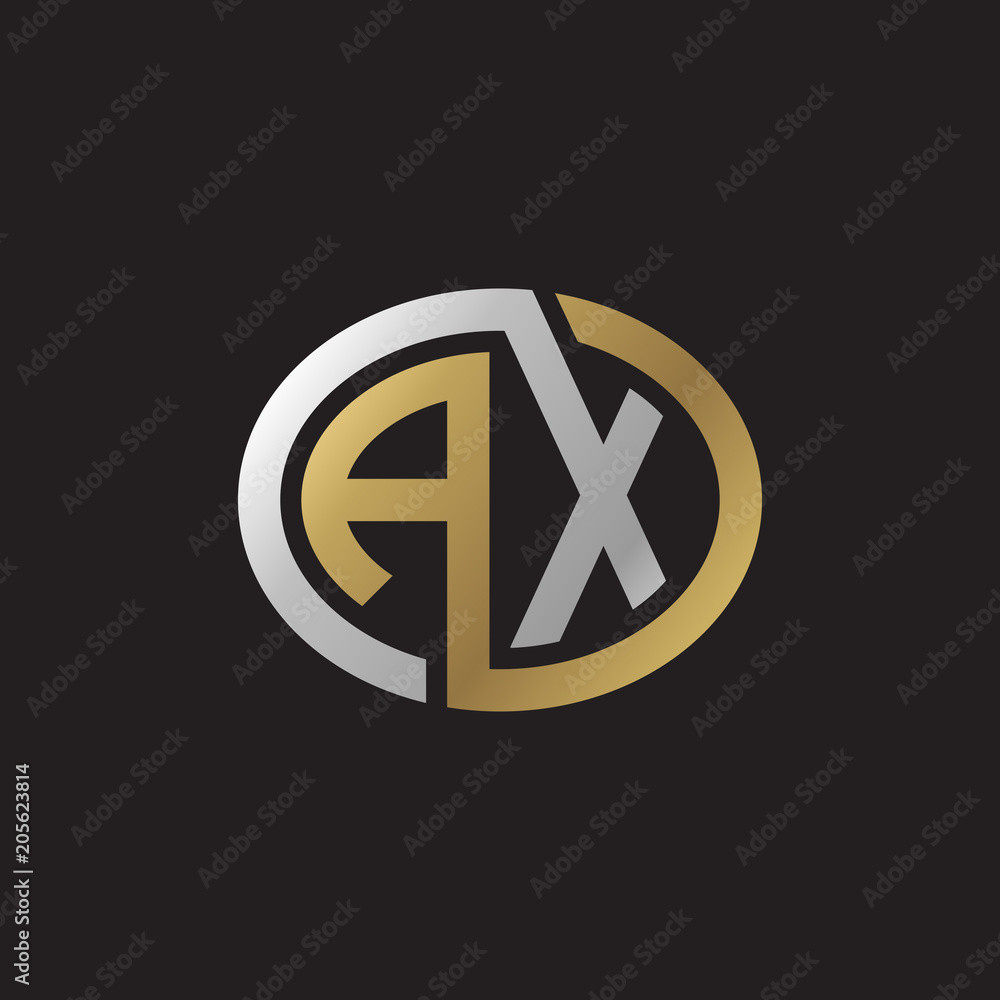 Initial letter AX, looping line, ellipse shape logo, silver gold color on black background Initial letter AX, looping line, ellipse shape logo, silver gold color on black background
