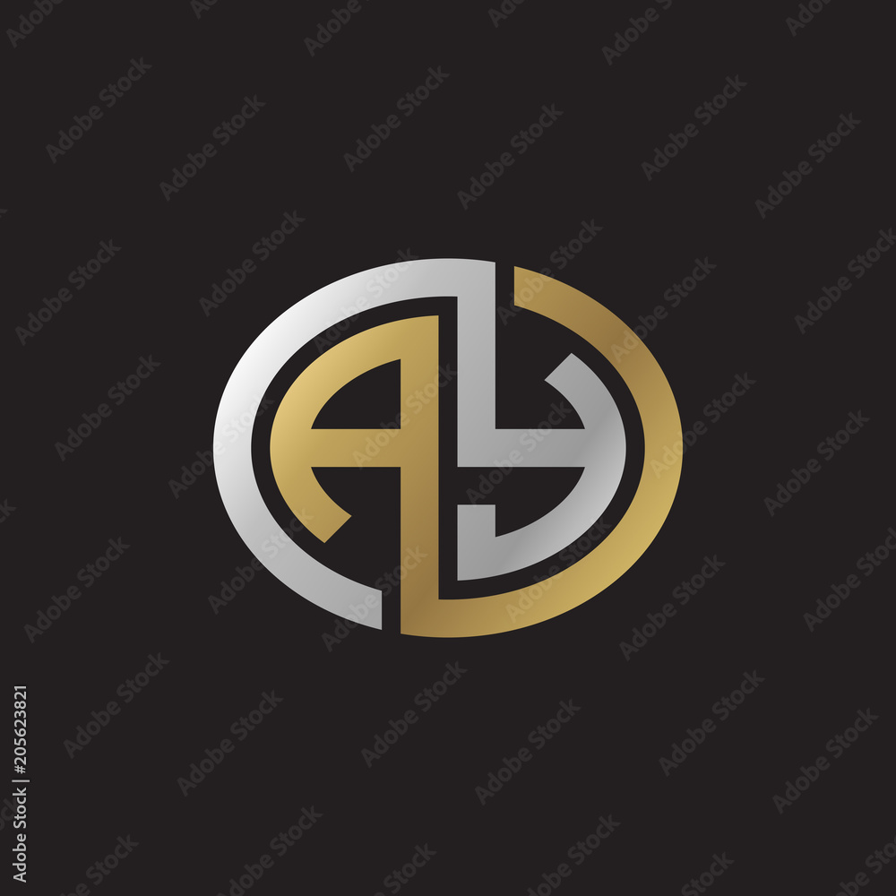 Initial letter AY, looping line, ellipse shape logo, silver gold color on black background Initial letter AY, looping line, ellipse shape logo, silver gold color on black background