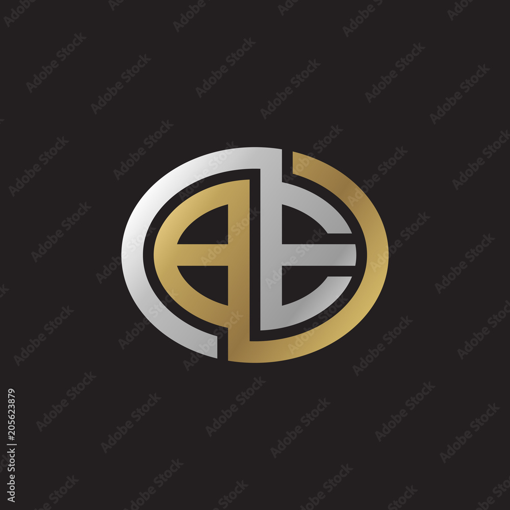 Initial letter BE, looping line, ellipse shape logo, silver gold color on black background Initial letter BE, looping line, ellipse shape logo, silver gold color on black background