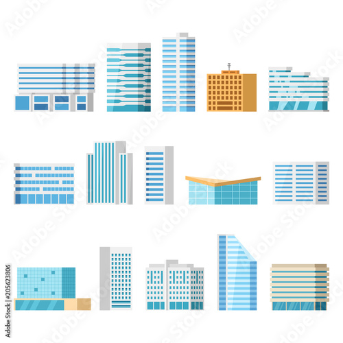 Modern city buildings  isolated vector flat cartoon set. Tower and office  city architecture  house business apartment