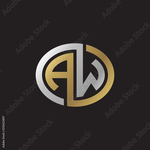 Konstfotografi Initial letter AW, looping line, ellipse shape logo, silver gold color on black