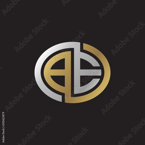 Initial letter BE, looping line, ellipse shape logo, silver gold color on black background