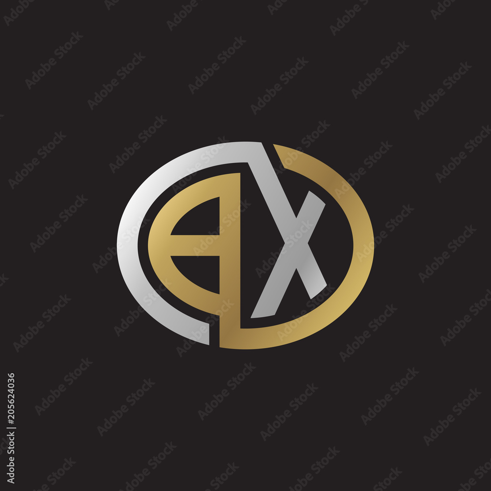 Initial letter BX, looping line, ellipse shape logo, silver gold color on black background Initial letter BX, looping line, ellipse shape logo, silver gold color on black background
