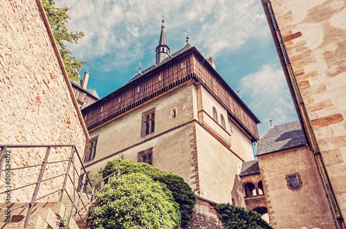 Karlstejn is a large gothic castle, red filter photo