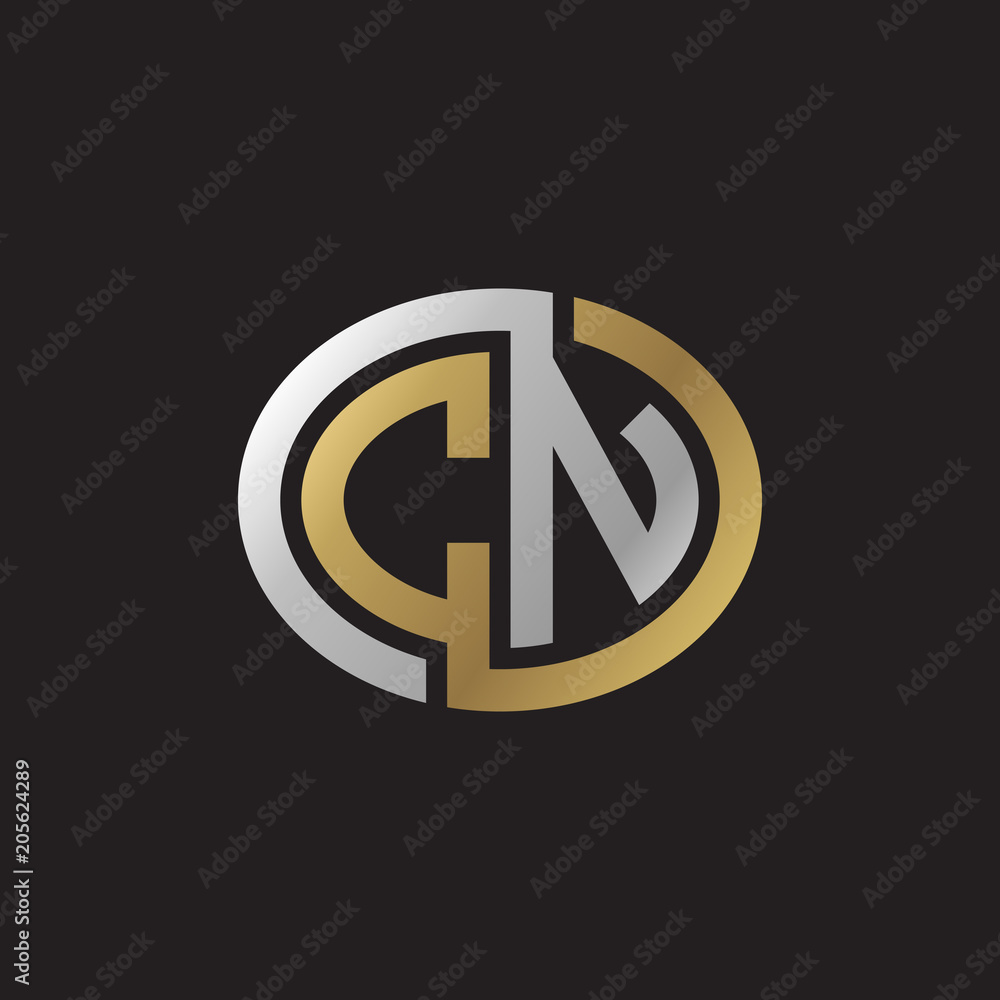 Initial letter CN, looping line, ellipse shape logo, silver gold color on black background Initial letter CN, looping line, ellipse shape logo, silver gold color on black background