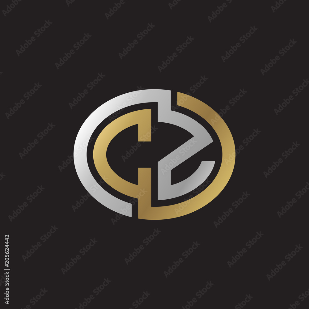 Initial letter CZ, looping line, ellipse shape logo, silver gold color on black background Initial letter CZ, looping line, ellipse shape logo, silver gold color on black background