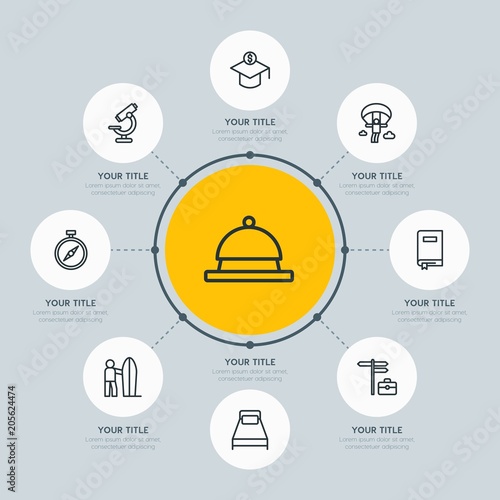 Circle network chart hotel, education, travel infographic template with 8 options for presentations, advertising, annual reports.