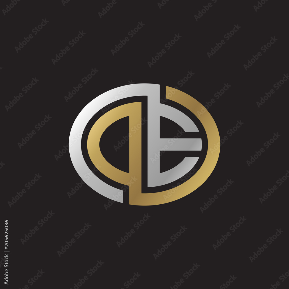 Initial letter DE, OE, looping line, ellipse shape logo, silver gold color on black background Initial letter DE, OE, looping line, ellipse shape logo, silver gold color on black background