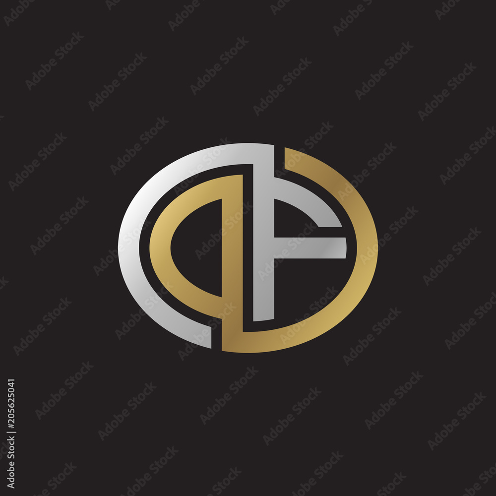 Initial letter DF, OF, looping line, ellipse shape logo, silver gold color on black background Initial letter DF, OF, looping line, ellipse shape logo, silver gold color on black background