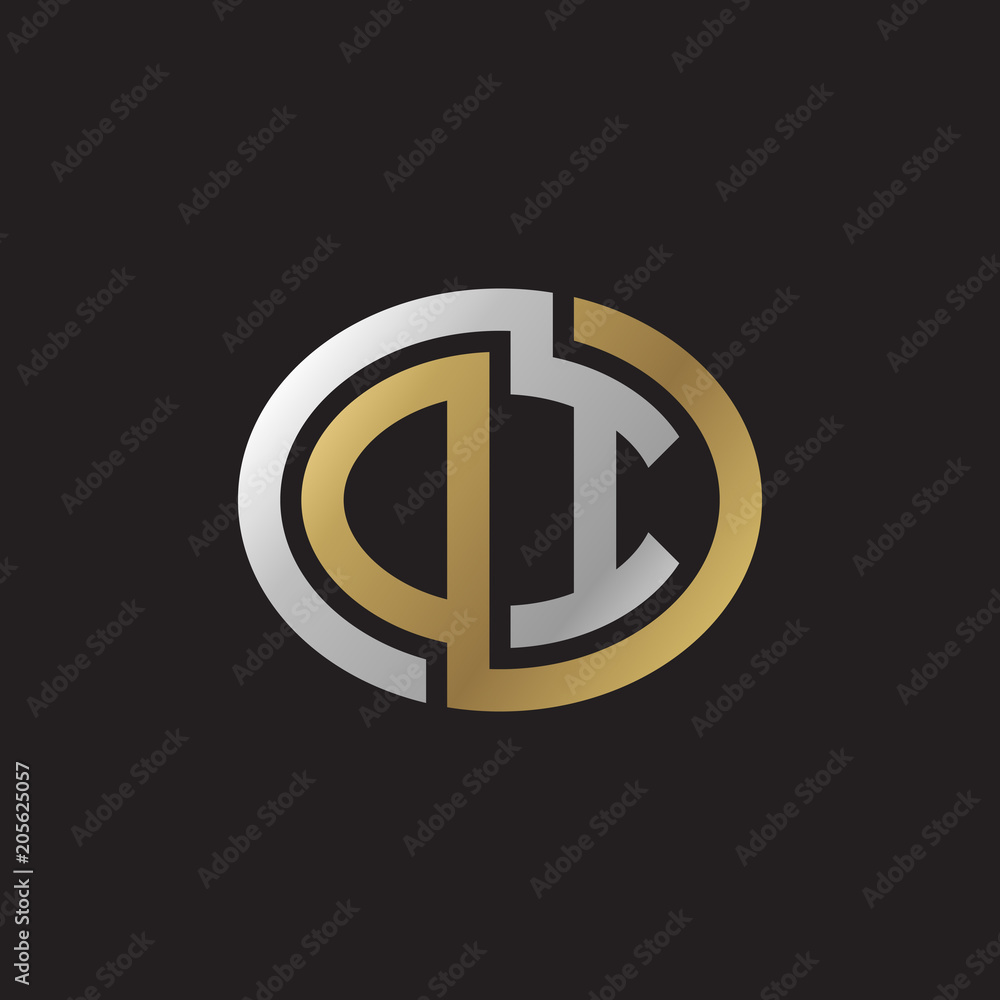 Initial letter DI, OI, looping line, ellipse shape logo, silver gold color on black background Initial letter DI, OI, looping line, ellipse shape logo, silver gold color on black background